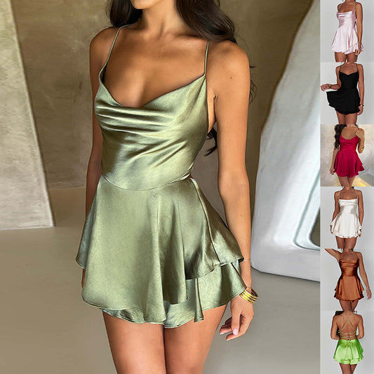 Women Satin Suspender Slim Backless Lace Mini Skirt Dress